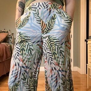 100% Linen Tropical Leaf Print Women's Pants